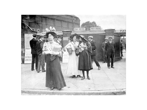 Suffragettes selling Votes for Women at Oval Cricket Ground entrance1908