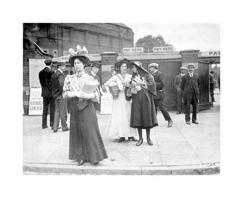 Suffragettes selling Votes for Women at Oval Cricket Ground entrance1908