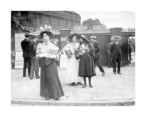 Suffragettes selling Votes for Women at Oval Cricket Ground entrance1908