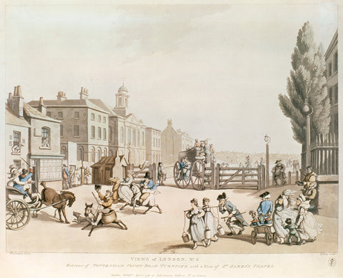 Entrance of Tottenham Court Road Turnpike with a view of St James's Chapel 1798