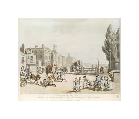 Entrance of Tottenham Court Road Turnpike with a view of St James's Chapel 1798