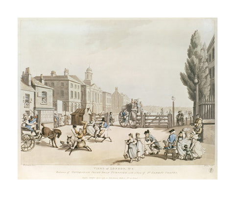 Entrance of Tottenham Court Road Turnpike with a view of St James's Chapel 1798