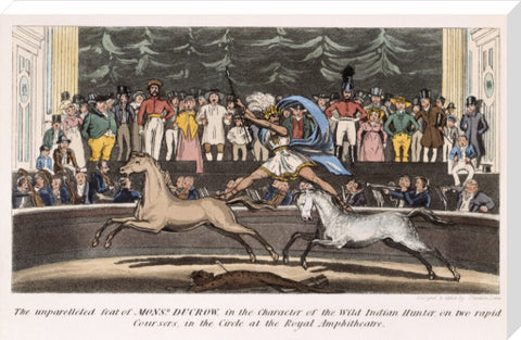 The Unparalleled feat of Monsr. Ducrow in the Character of the Wild Indian Hunter on two rapid coursers in the Circle at the Royal Amphitheatre 19th century
