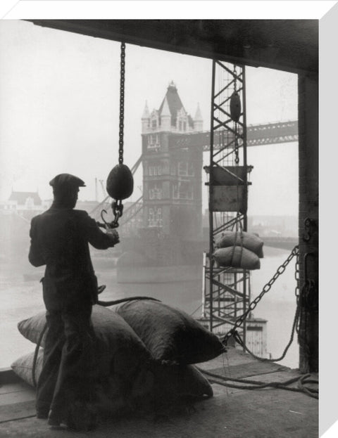 Pool of London Dockworker handling a cargo of bagged nuts 1947