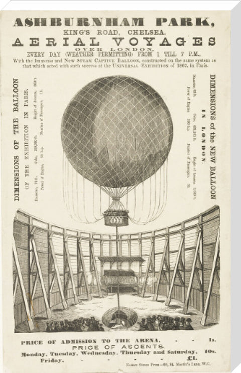 A poster advertising the 'New Steam Captive Balloon' 1868-1870