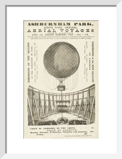 A poster advertising the 'New Steam Captive Balloon' 1868-1870