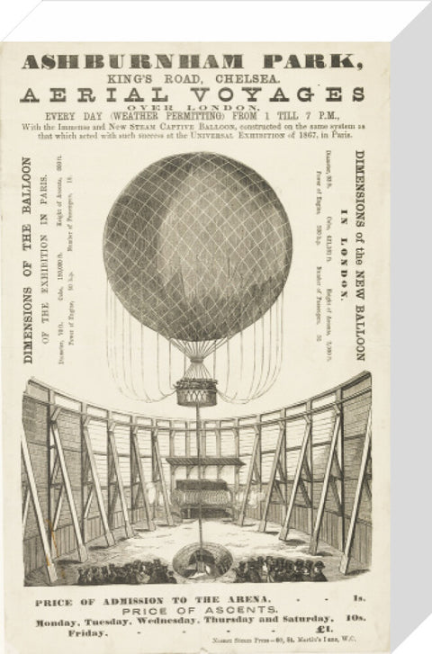 A poster advertising the 'New Steam Captive Balloon' 1868-1870