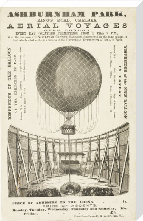 A poster advertising the 'New Steam Captive Balloon' 1868-1870