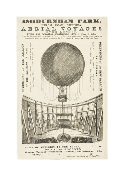A poster advertising the 'New Steam Captive Balloon' 1868-1870