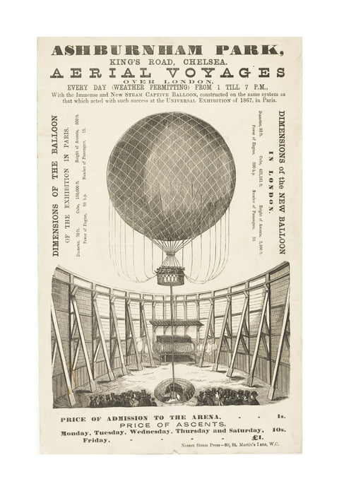 A poster advertising the 'New Steam Captive Balloon' 1868-1870