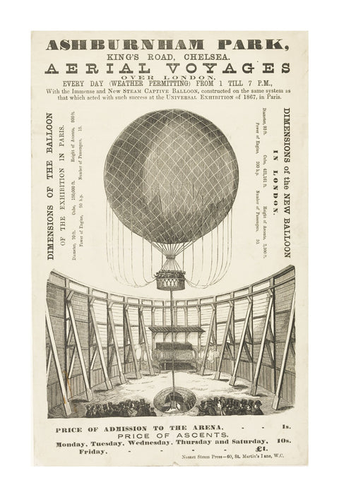 A poster advertising the 'New Steam Captive Balloon' 1868-1870