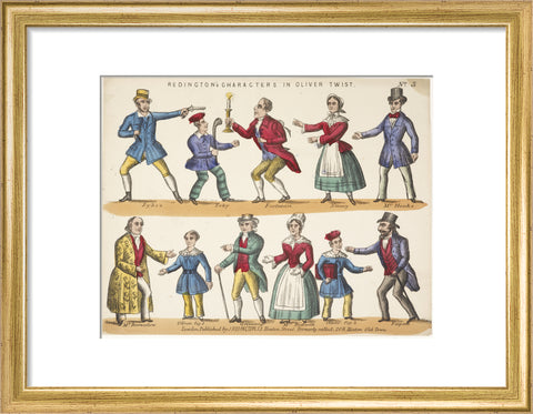 Toy theatre sheet representing key characters from Oliver Twist c.1870
