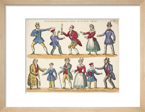 Toy theatre sheet representing key characters from Oliver Twist c.1870