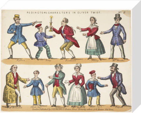 Toy theatre sheet representing key characters from Oliver Twist c.1870