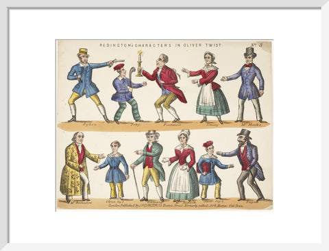Toy theatre sheet representing key characters from Oliver Twist c.1870