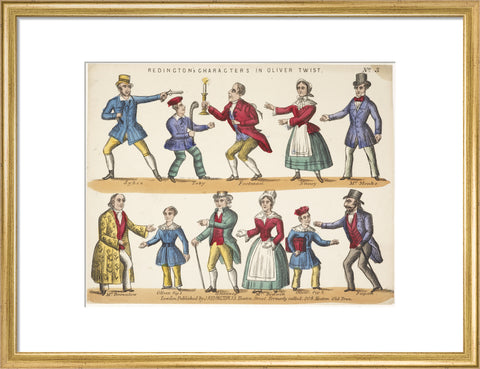 Toy theatre sheet representing key characters from Oliver Twist c.1870