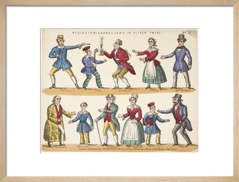 Toy theatre sheet representing key characters from Oliver Twist c.1870