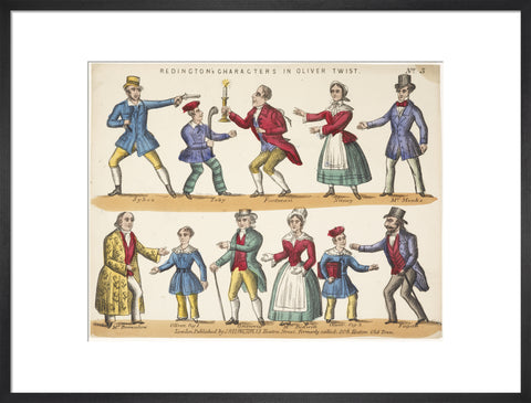 Toy theatre sheet representing key characters from Oliver Twist c.1870