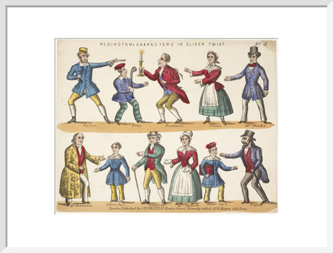 Toy theatre sheet representing key characters from Oliver Twist c.1870