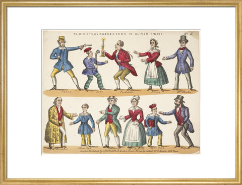 Toy theatre sheet representing key characters from Oliver Twist c.1870