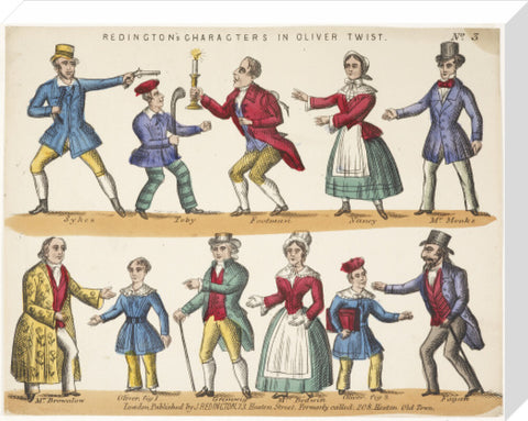 Toy theatre sheet representing key characters from Oliver Twist c.1870