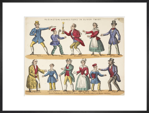 Toy theatre sheet representing key characters from Oliver Twist c.1870