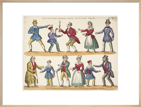 Toy theatre sheet representing key characters from Oliver Twist c.1870