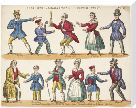 Toy theatre sheet representing key characters from Oliver Twist c.1870