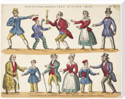 Toy theatre sheet representing key characters from Oliver Twist c.1870