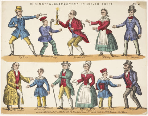 Toy theatre sheet representing key characters from Oliver Twist c.1870