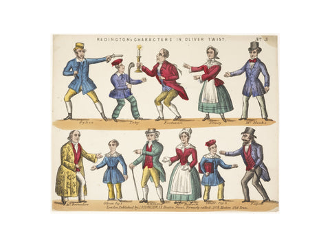 Toy theatre sheet representing key characters from Oliver Twist c.1870