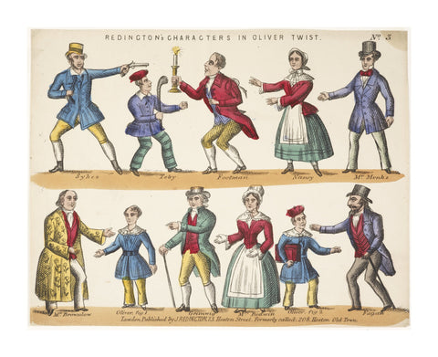 Toy theatre sheet representing key characters from Oliver Twist c.1870