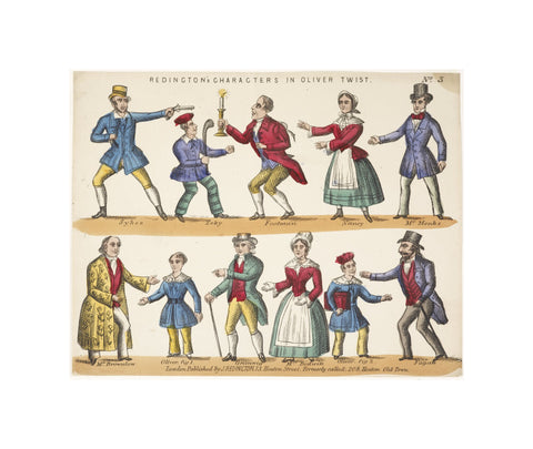 Toy theatre sheet representing key characters from Oliver Twist c.1870