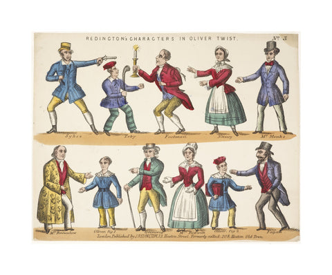 Toy theatre sheet representing key characters from Oliver Twist c.1870