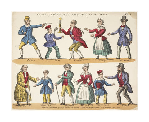 Toy theatre sheet representing key characters from Oliver Twist c.1870