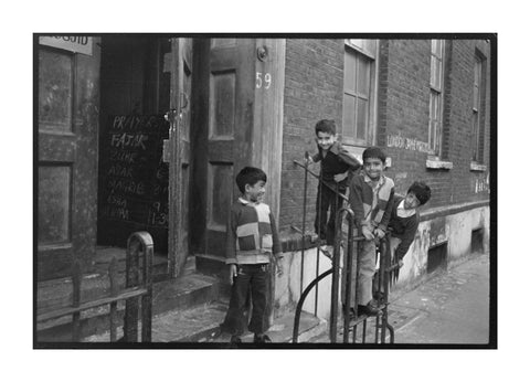 Children at the door of the Brick Lane Jamme Masjid Mosque 1976
