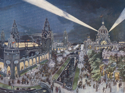 Illustration of "imperial tower by night," depicting a bustling night scene with illuminated towers, crowds, and a central avenue under sweeping searchlights.