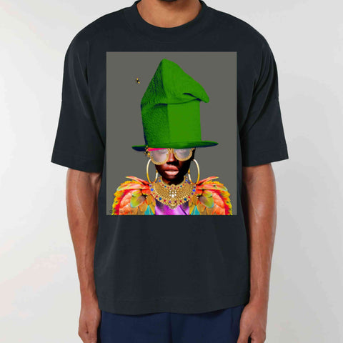 A person wearing a black t-shirt with a design featuring a colour outfit with a green hat