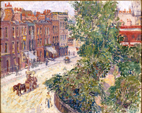 Mornington Crescent. Impressionist painting of a bustling city street scene with colorful buildings, trees, and a horse-drawn carriage, capturing light and shade.