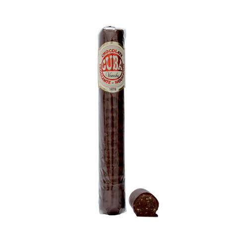 Cigar-shaped chocolate bar with a visible red and white brand label on a white background
