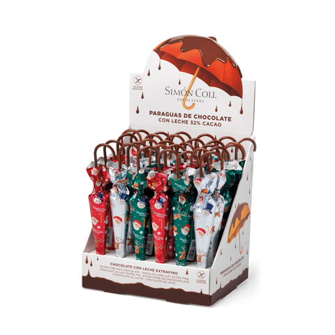 Display of chocolate umbrella-shaped confections with 'Siamon Coll' branding on a white background.