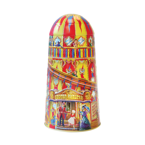 Colourful cylindrical tin with circus-themed design on a white background
