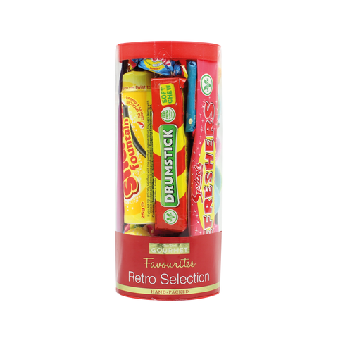 Tube of assorted sweets with visible brand names on a white background