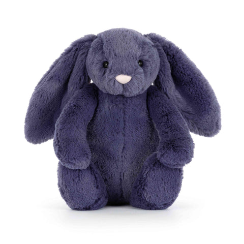 Plush purple bunny toy on a white background facing forward