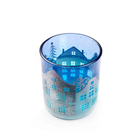 Blue & white glass winter scene tealight holder
