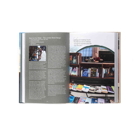 Open book showing a page with text and an image of a bookstore interior.