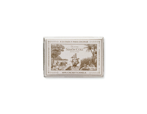 Package of chocolate with a scenic label showing a boat on the water and trees and people farming on the shore on a white background