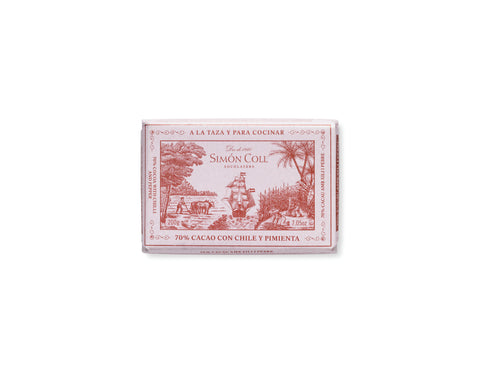 Package of chocolate with a scenic label with red tones showing a boat on the water and trees and people farming on the shore on a white background