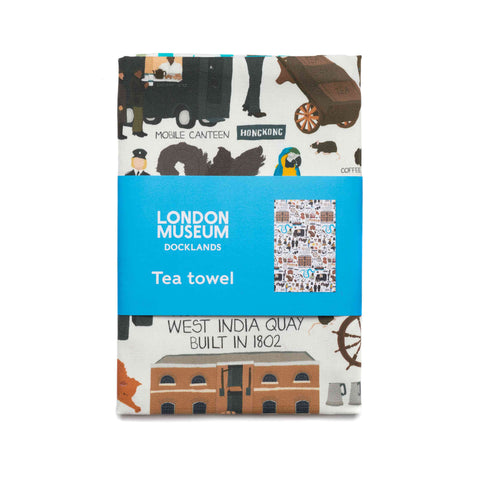 Tea towel with London Museum Docklands design on a white background