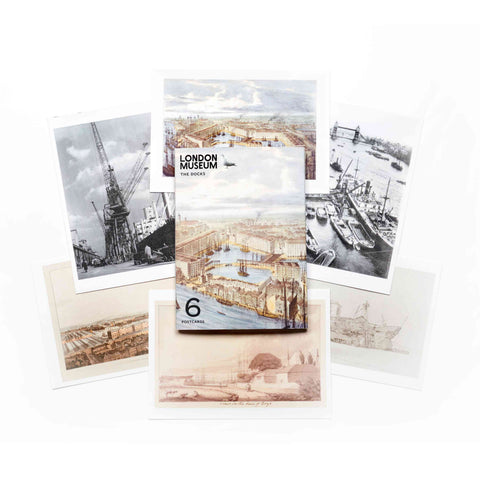 Set of six London Museum postcards with vintage dock images on a white background